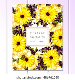 Vintage delicate invitation with flowers for wedding, marriage, bridal, birthday, Valentine's day.