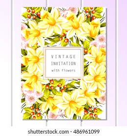Vintage delicate invitation with flowers for wedding, marriage, bridal, birthday, Valentine's day.