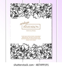Vintage delicate invitation with flowers for wedding, marriage, bridal, birthday, Valentine's day. Romantic vector illustration.