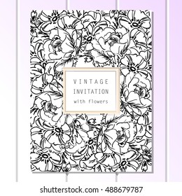 Vintage delicate invitation with flowers for wedding, marriage, bridal, birthday, Valentine's day. Romantic vector illustration.