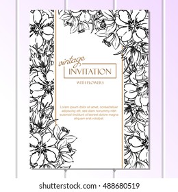 Vintage delicate invitation with flowers for wedding, marriage, bridal, birthday, Valentine's day. Romantic vector illustration.
