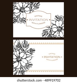 Vintage delicate invitation with flowers for wedding, marriage, bridal, birthday, Valentine's day.