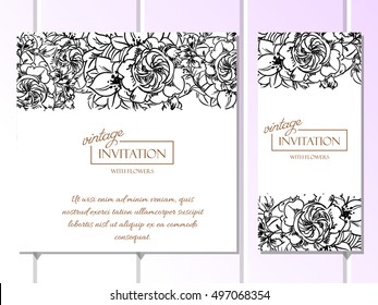 Vintage delicate invitation with flowers for wedding, marriage, bridal, birthday, Valentine's day. Romantic vector illustration.