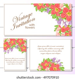 Vintage delicate invitation with flowers for wedding, marriage, bridal, birthday, Valentine's day. Romantic vector illustration.