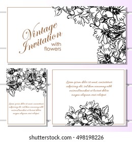 Vintage delicate invitation with flowers for wedding, marriage, bridal, birthday, Valentine's day.