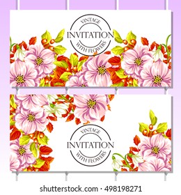 Vintage delicate invitation with flowers for wedding, marriage, bridal, birthday, Valentine's day.