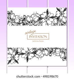 Vintage delicate invitation with flowers for wedding, marriage, bridal, birthday, Valentine's day.