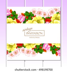Vintage delicate invitation with flowers for wedding, marriage, bridal, birthday, Valentine's day.
