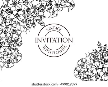 Vintage delicate invitation with flowers for wedding, marriage, bridal, birthday, Valentine's day.