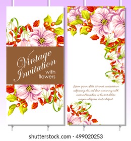 Vintage delicate invitation with flowers for wedding, marriage, bridal, birthday, Valentine's day.