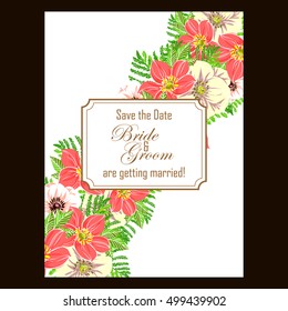 Vintage delicate invitation with flowers for wedding, marriage, bridal, birthday, Valentine's day. Romantic vector illustration.