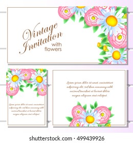 Vintage delicate invitation with flowers for wedding, marriage, bridal, birthday, Valentine's day. Romantic vector illustration.