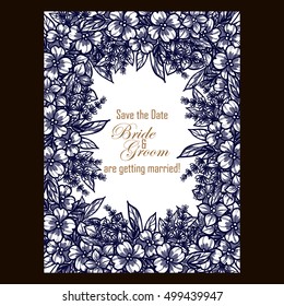 Vintage delicate invitation with flowers for wedding, marriage, bridal, birthday, Valentine's day. Romantic vector illustration.