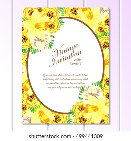 Vintage delicate invitation with flowers for wedding, marriage, bridal, birthday, Valentine's day. Romantic vector illustration.