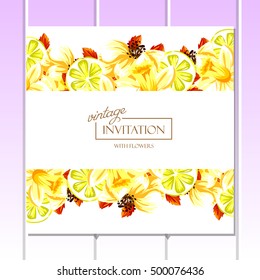 Vintage delicate invitation with flowers for wedding, marriage, bridal, birthday, Valentine's day.