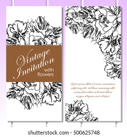 Vintage delicate invitation with flowers for wedding, marriage, bridal, birthday, Valentine's day. Romantic vector illustration.