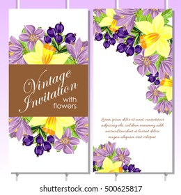 Vintage delicate invitation with flowers for wedding, marriage, bridal, birthday, Valentine's day. Romantic vector illustration.