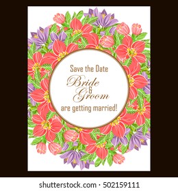 Vintage delicate invitation with flowers for wedding, marriage, bridal, birthday, Valentine's day.