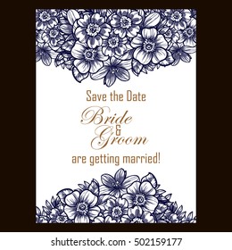 Vintage delicate invitation with flowers for wedding, marriage, bridal, birthday, Valentine's day.