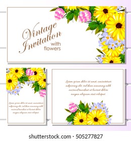 Vintage delicate invitation with flowers for wedding, marriage, bridal, birthday, Valentine's day.