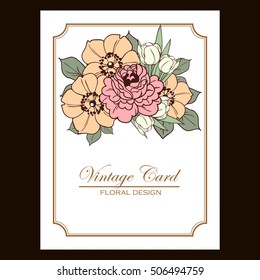 Vintage delicate invitation with flowers for wedding, marriage, bridal, birthday, Valentine's day.