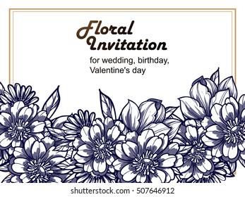 Vintage delicate invitation with flowers for wedding, marriage, bridal, birthday, Valentine's day.