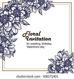 Vintage delicate invitation with flowers for wedding, marriage, bridal, birthday, Valentine's day. Romantic vector illustration.