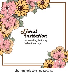 Vintage delicate invitation with flowers for wedding, marriage, bridal, birthday, Valentine's day. Romantic vector illustration.