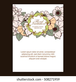 Vintage delicate invitation with flowers for wedding, marriage, bridal, birthday, Valentine's day. Romantic vector illustration.