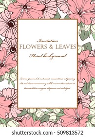 Vintage delicate invitation with flowers for wedding, marriage, bridal, birthday, Valentine's day. Romantic vector illustration.