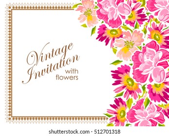 Vintage delicate invitation with flowers for wedding, marriage, bridal, birthday, Valentine's day.