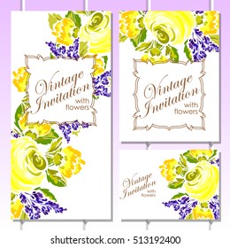 Vintage delicate invitation with flowers for wedding, marriage, bridal, birthday, Valentine's day.