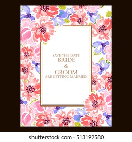 Vintage delicate invitation with flowers for wedding, marriage, bridal, birthday, Valentine's day.