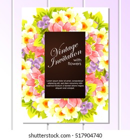 Vintage delicate invitation with flowers for wedding, marriage, bridal, birthday, Valentine's day.