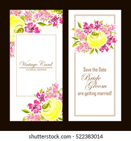 Vintage delicate invitation with flowers for wedding, marriage, bridal, birthday, Valentine's day.