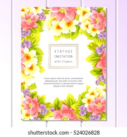 Vintage delicate invitation with flowers for wedding, marriage, bridal, birthday, Valentine's day.