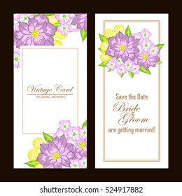 Vintage delicate invitation with flowers for wedding, marriage, bridal, birthday, Valentine's day. Romantic vector illustration.