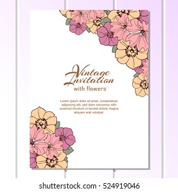 Vintage delicate invitation with flowers for wedding, marriage, bridal, birthday, Valentine's day. Romantic vector illustration.