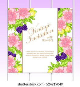 Vintage delicate invitation with flowers for wedding, marriage, bridal, birthday, Valentine's day. Romantic vector illustration.