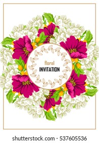 Vintage delicate invitation with flowers for wedding, marriage, bridal, birthday, Valentine's day.