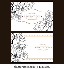 Vintage delicate invitation with flowers for wedding, marriage, bridal, birthday, Valentine's day. Romantic vector illustration.