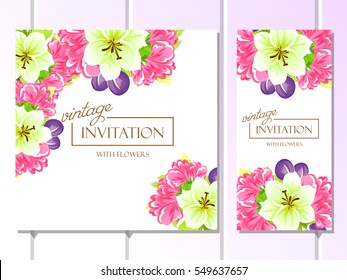 Vintage delicate invitation with flowers for wedding, marriage, bridal, birthday, Valentine's day. Romantic vector illustration.