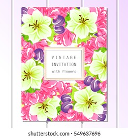 Vintage delicate invitation with flowers for wedding, marriage, bridal, birthday, Valentine's day. Romantic vector illustration.
