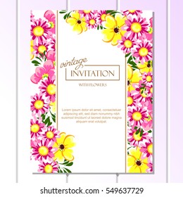 Vintage delicate invitation with flowers for wedding, marriage, bridal, birthday, Valentine's day. Romantic vector illustration.