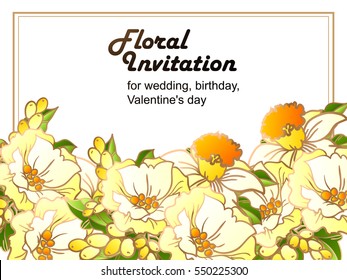 Vintage delicate invitation with flowers for wedding, marriage, bridal, birthday, Valentine's day. Romantic vector illustration.