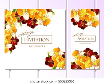Vintage delicate invitation with flowers for wedding, marriage, bridal, birthday, Valentine's day. Romantic vector illustration.