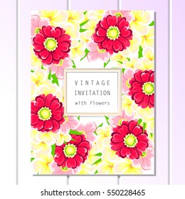 Vintage delicate invitation with flowers for wedding, marriage, bridal, birthday, Valentine's day. Romantic vector illustration.