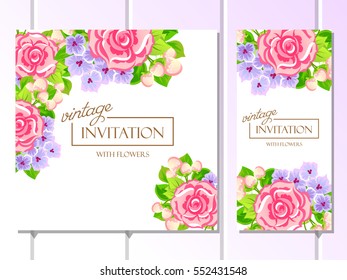 Vintage delicate invitation with flowers for wedding, marriage, bridal, birthday, Valentine's day. Romantic vector illustration.