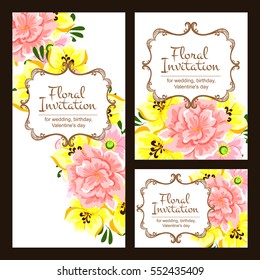 Vintage delicate invitation with flowers for wedding, marriage, bridal, birthday, Valentine's day. Romantic vector illustration.