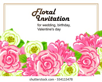 Vintage delicate invitation with flowers for wedding, marriage, bridal, birthday, Valentine's day. Romantic vector illustration.